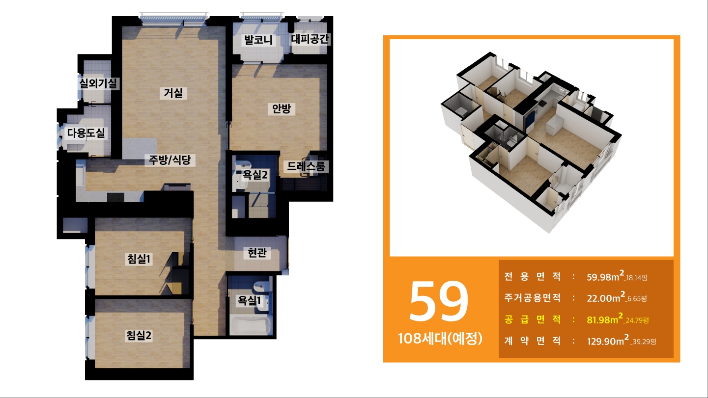 59㎡형 108세대 예정 전용면적 59.98㎡ 18.14평 주거공용면적 22.00㎡ 6.65평 공급면적 81.98㎡ 24.79평 계약면적 129.90㎡ 39.29평 구성: 거실, 안방, 침실1, 침실2, 주방/식당, 드레스룸, 욕실1, 욕실2, 다용도실, 실외기실, 현관, 발코니, 대피공간